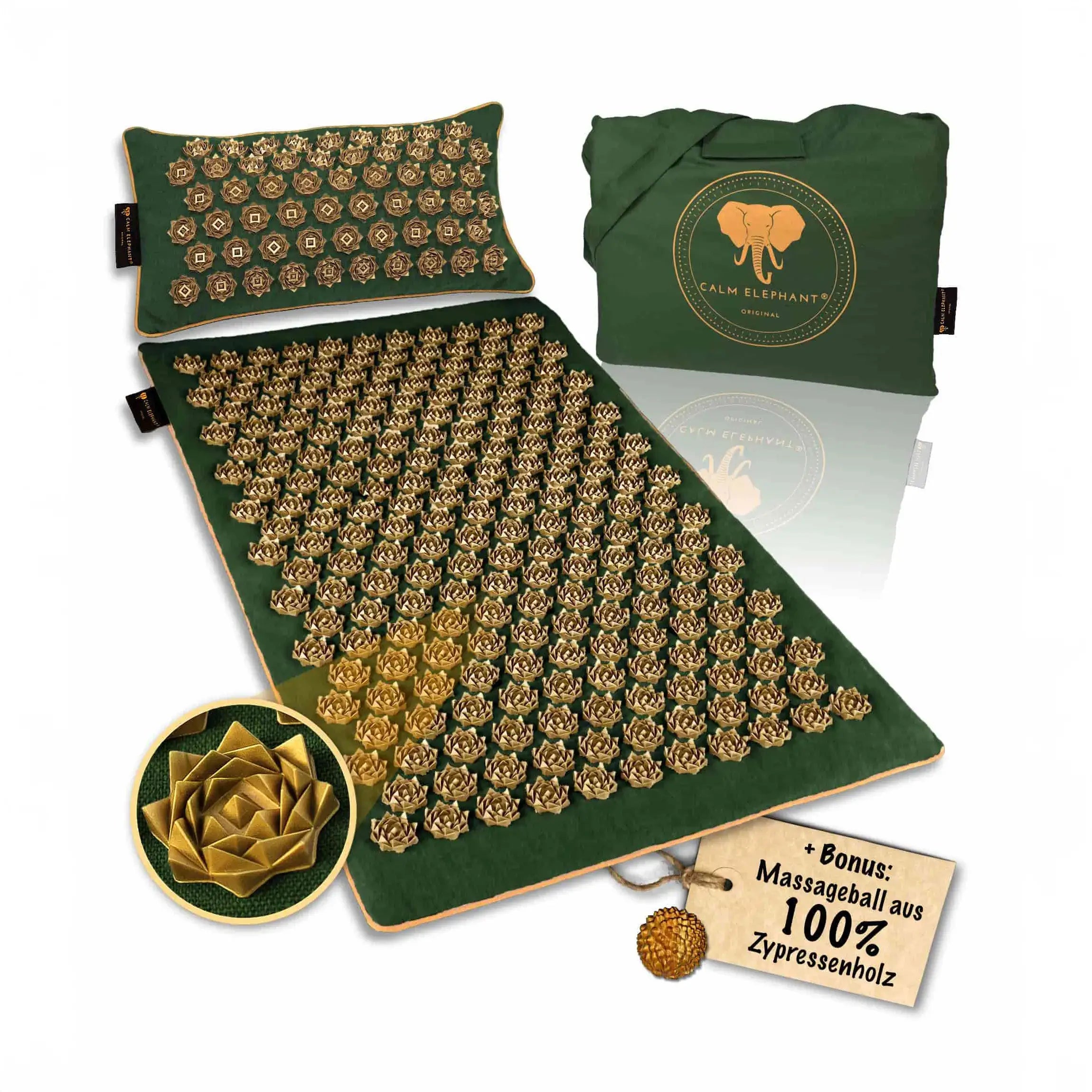 Akupressurmatte | PURE ECO 3er Set - grün mit Massagematte und Bonus-Massageball aus Zypressenholz