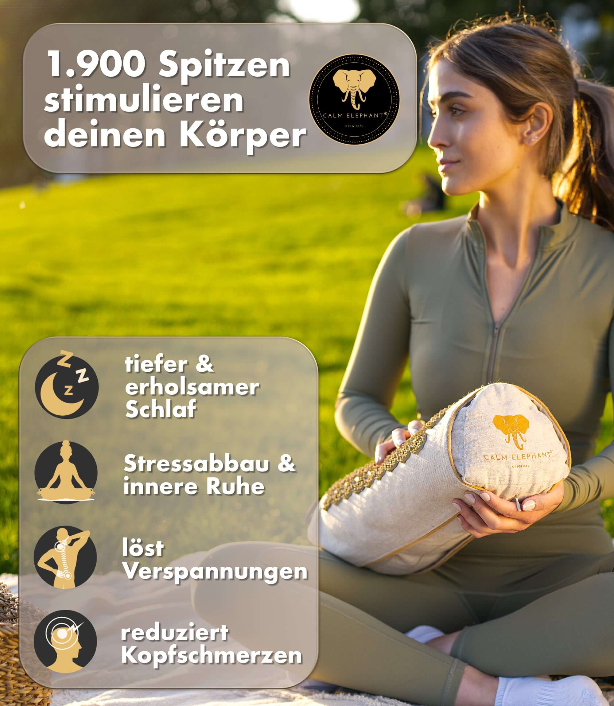 Akupressurkissen 2in1 - beige, CALM ELEPHANT, bietet Entspannung, Stressabbau und wird gegen Kopfschmerzen verwendet.