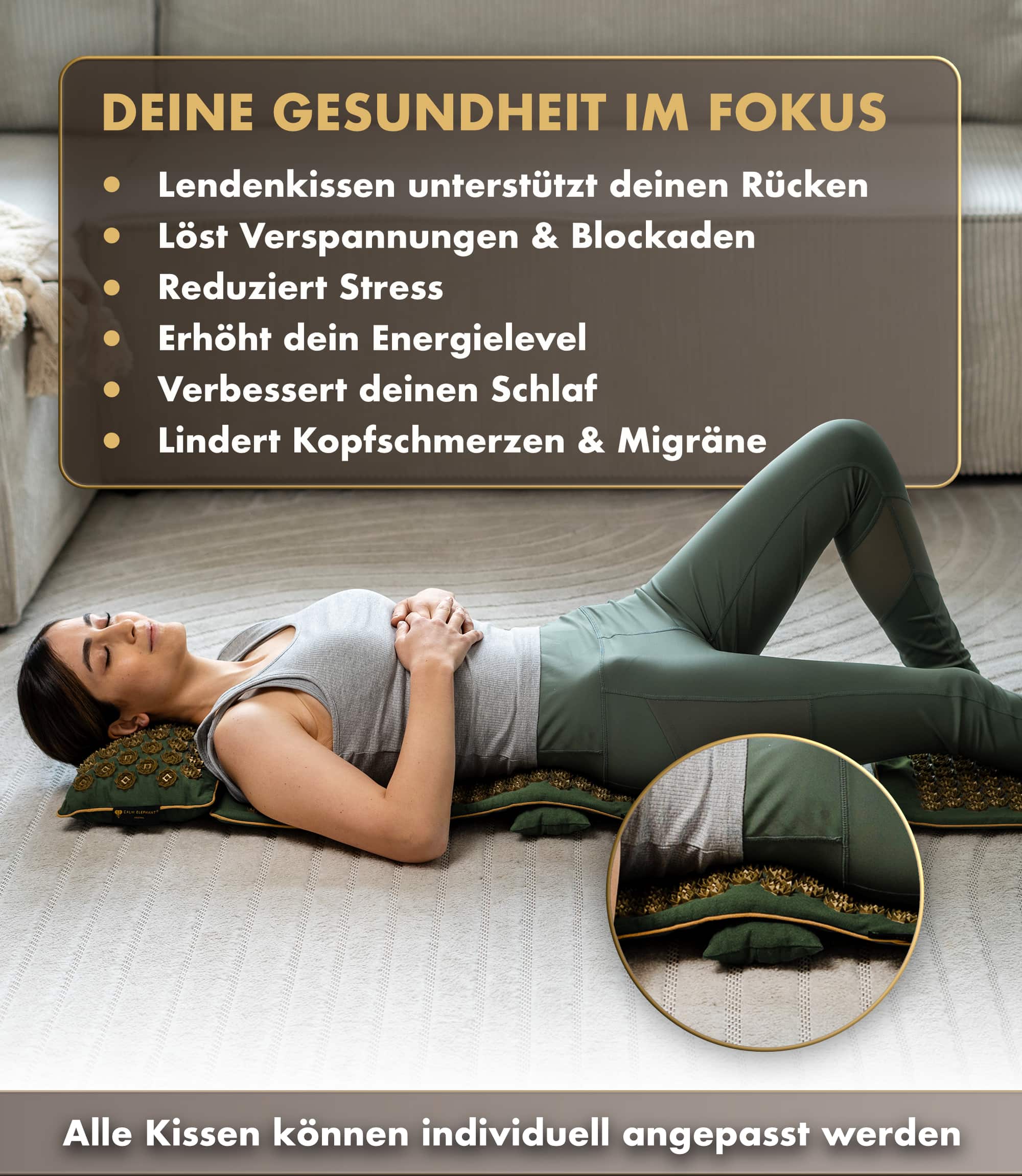 Akupressurmatte | GENUINE 5er Set - grün, Person nutzt Massagematte zur Entspannung und Wellness.