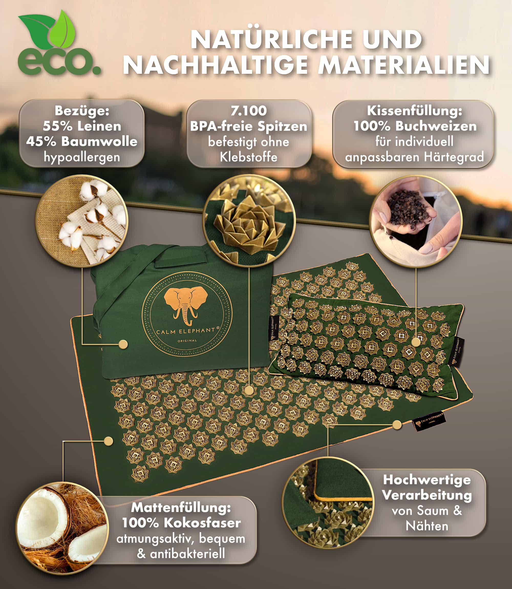 Akupressurmatte | PURE ECO 3er Set - grün mit natürlichen Materialien und nachhaltiger Verarbeitung