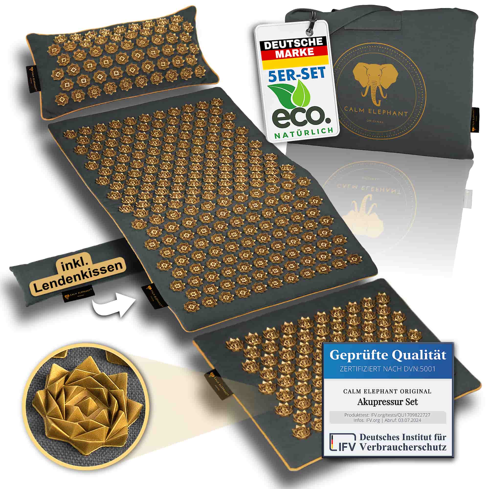 Akupressurmatte | GENUINE 5er Set - grau mit Lendenkissen und Naturmaterial für Entspannung und Wohlbefinden.