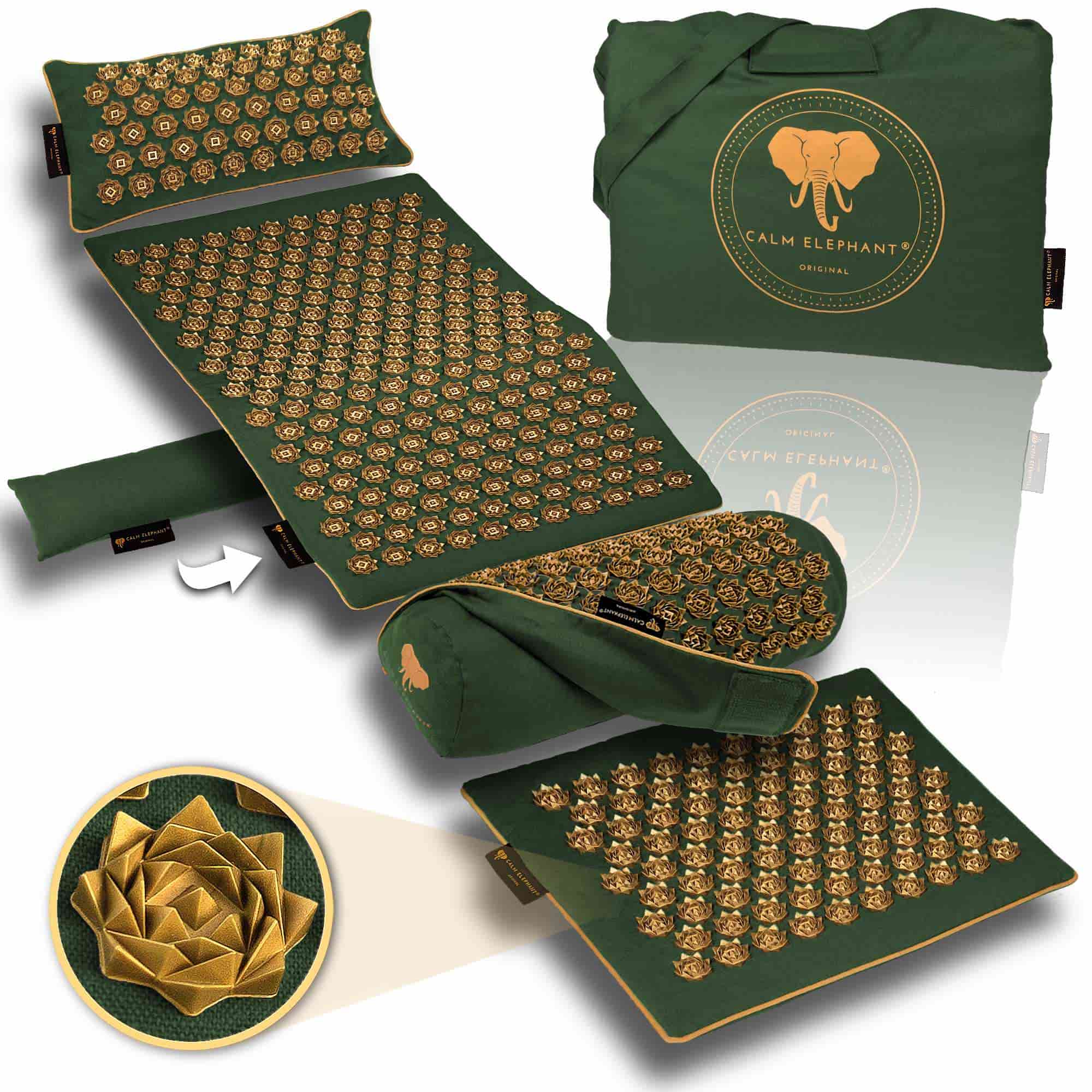 Akupressurmatte | ULTIMATE 6er Set - grün von CALM ELEPHANT, inkl. Kopfkissen und Tragetasche für effektive Akupressur.