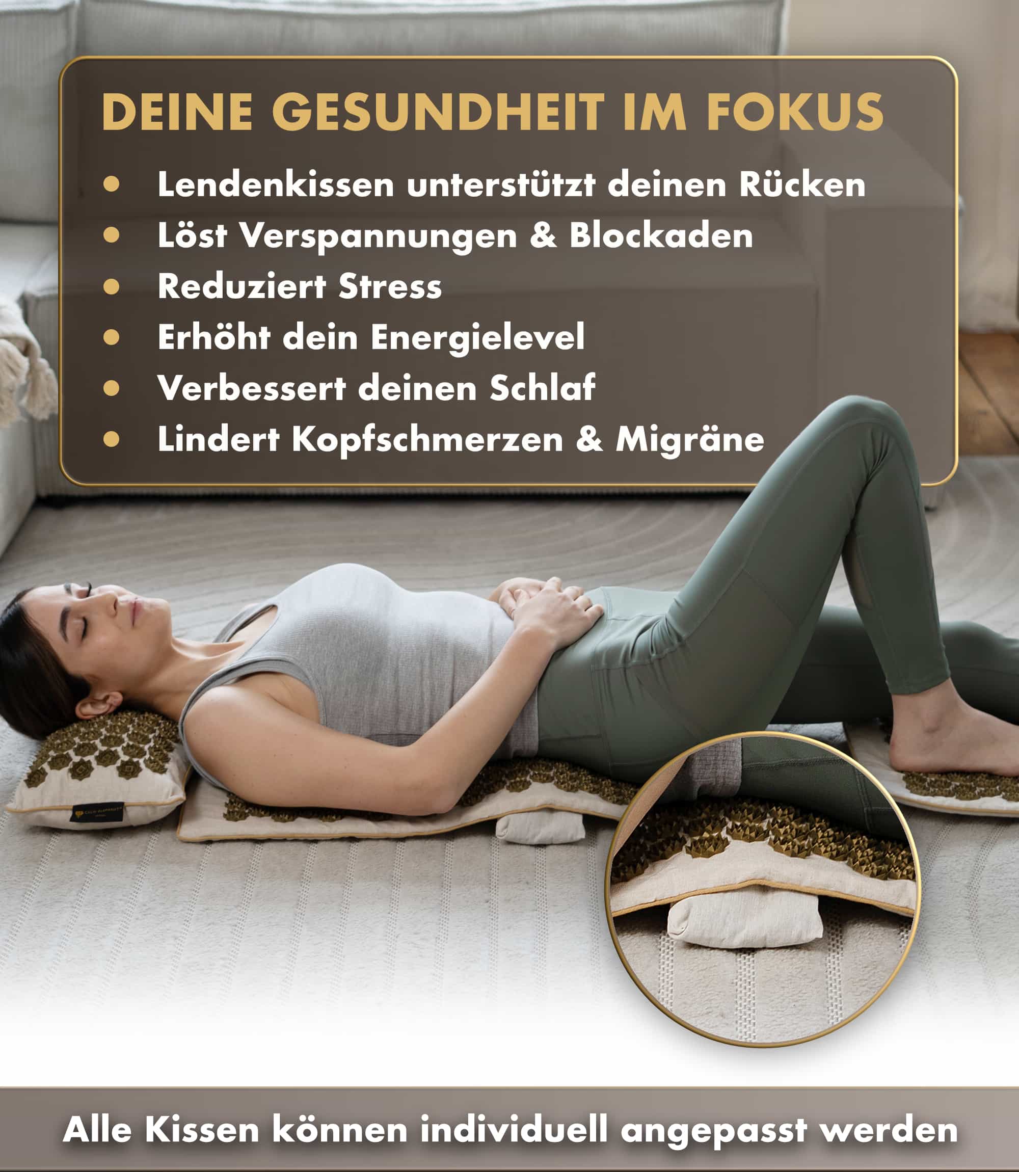 Frau liegt entspannt mit Akupressurmatte | GENUINE 5er Set - beige, fördert Gesundheit und Wohlbefinden.