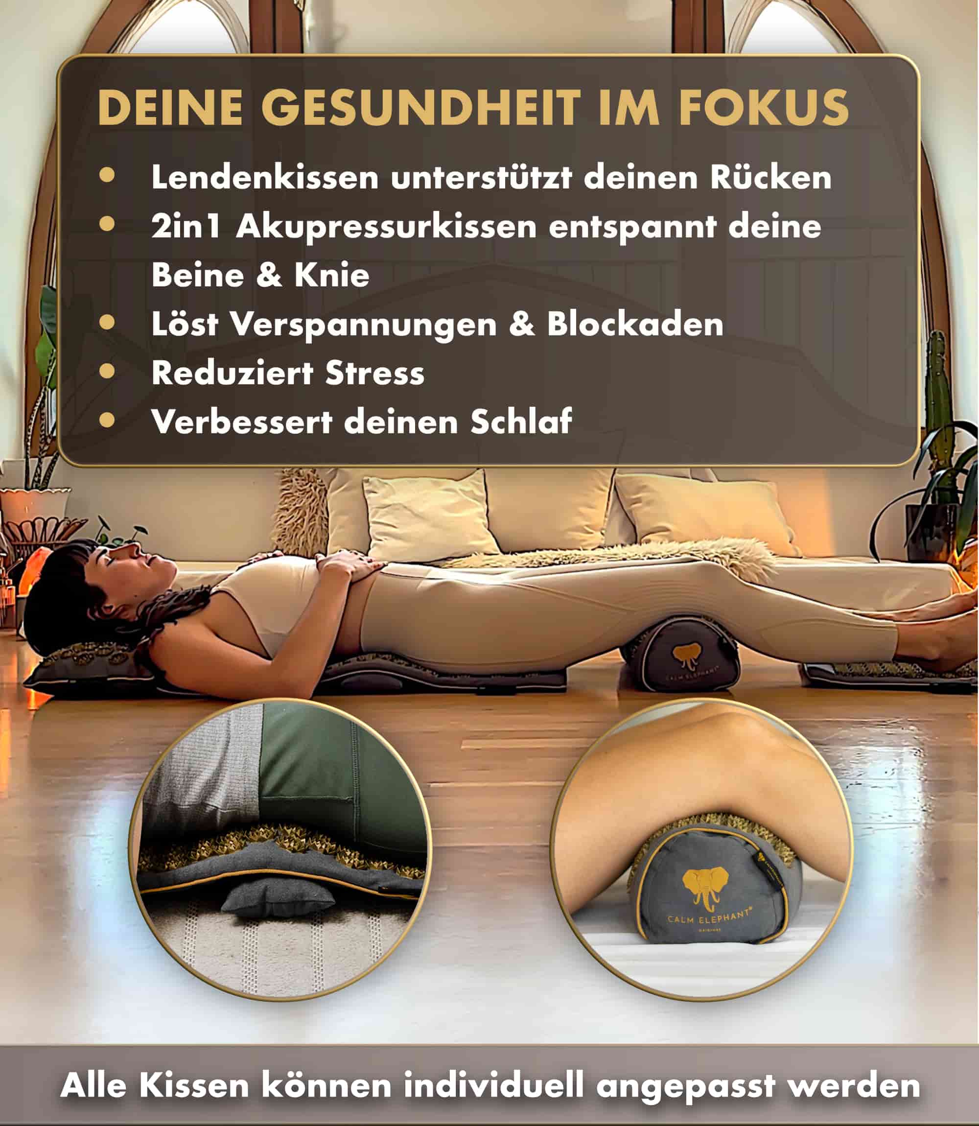 Akupressurmatte | ULTIMATE 6er Set - grau mit Fokus auf Gesundheit und Entspannung durch Lendenkissen.