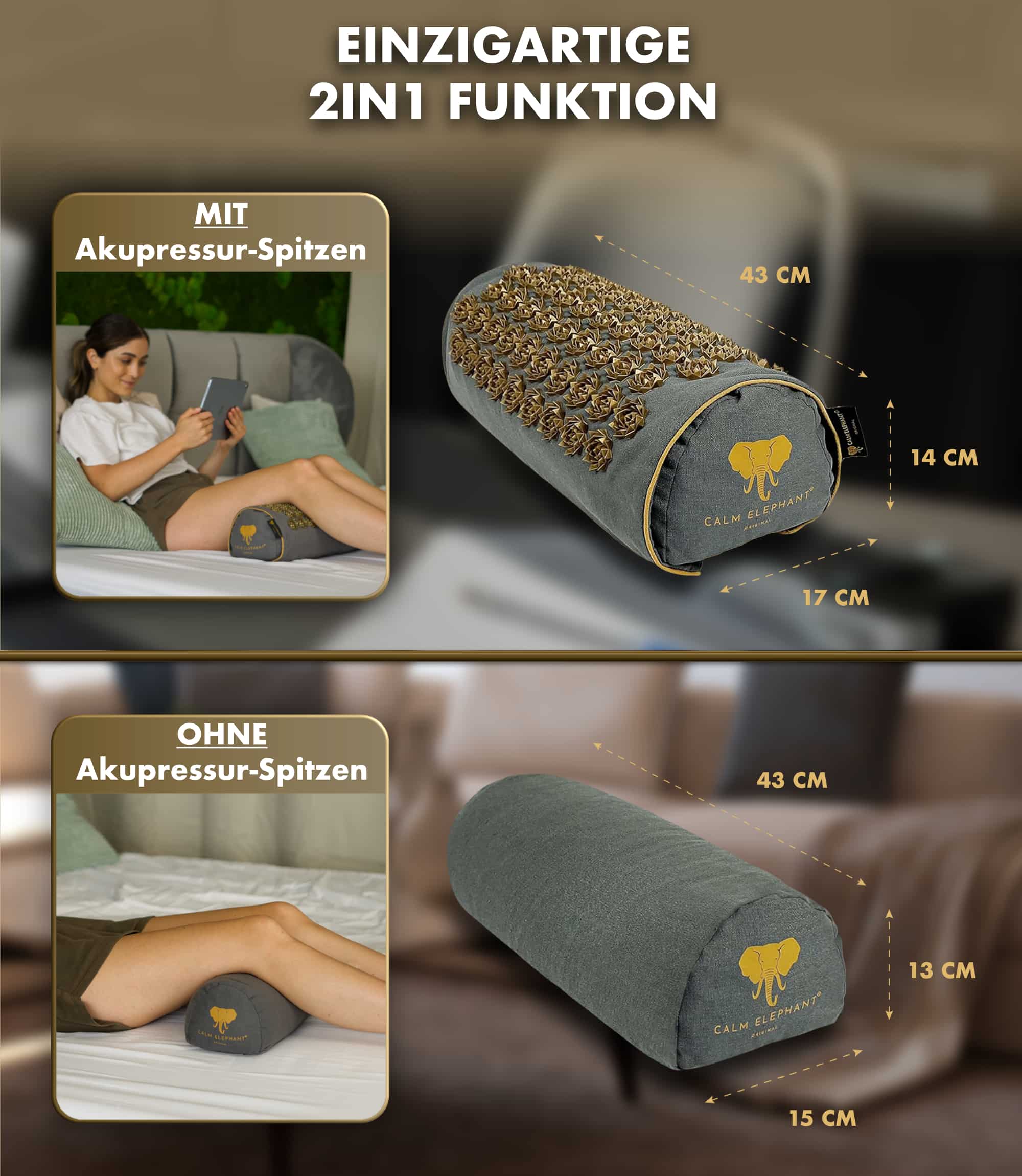 Akupressurkissen 2in1 - grau mit abnehmbaren Akupressur-Spitzen und Lagerungsrolle von CALM ELEPHANT.