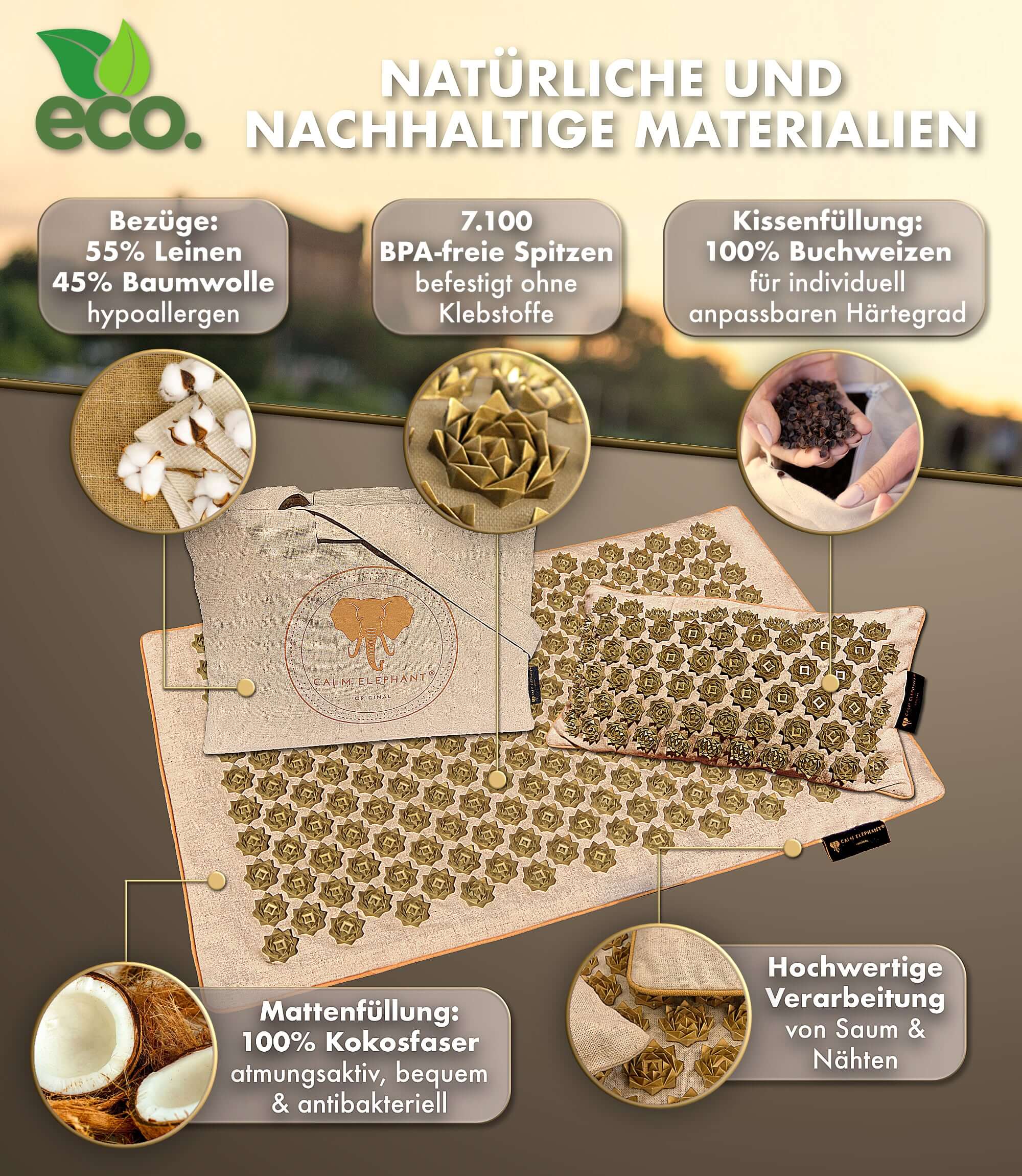 Akupressurmatte | PURE ECO 3er Set - beige mit natürlichen Materialien und nachhaltigen Komponenten für effektive Akupressuranwendungen.