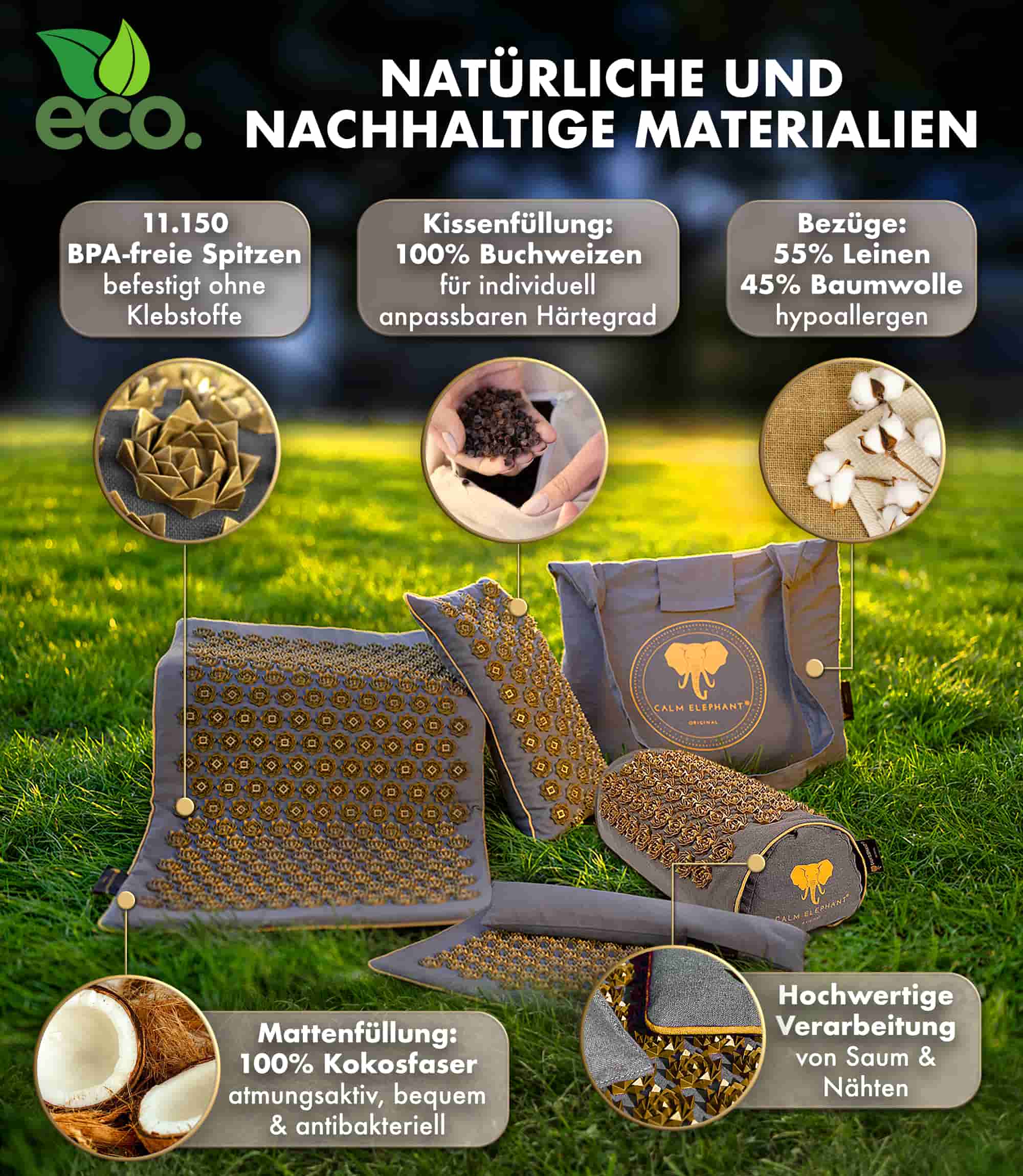 Akupressurmatte | ULTIMATE 6er Set - grau mit natürlichen und nachhaltigen Materialien, inklusive Kokosfaser und Buchweizen.