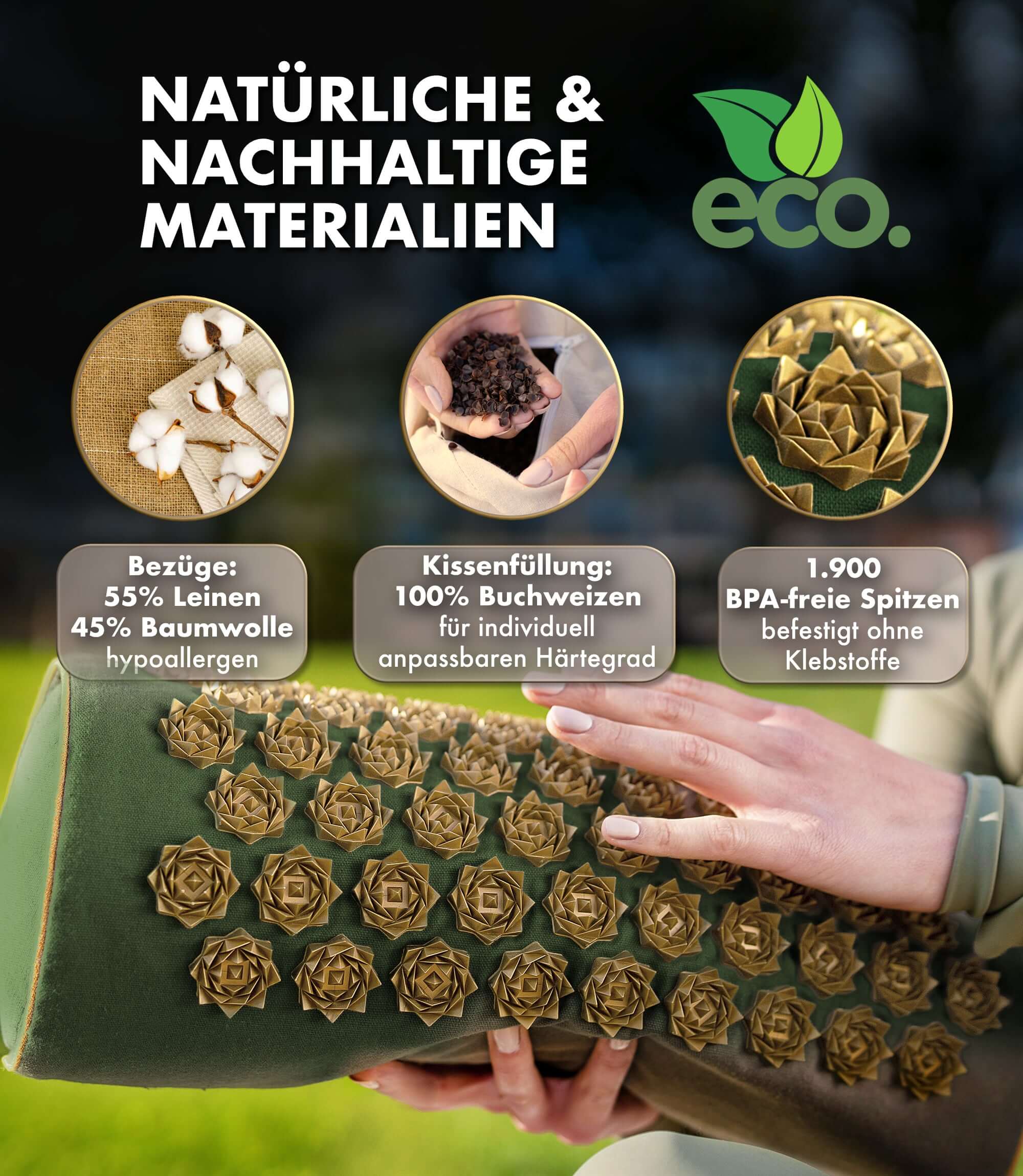 Akupressurkissen 2in1 - grün mit natürlichen und nachhaltigen Materialien zur Linderung von Verspannungen.