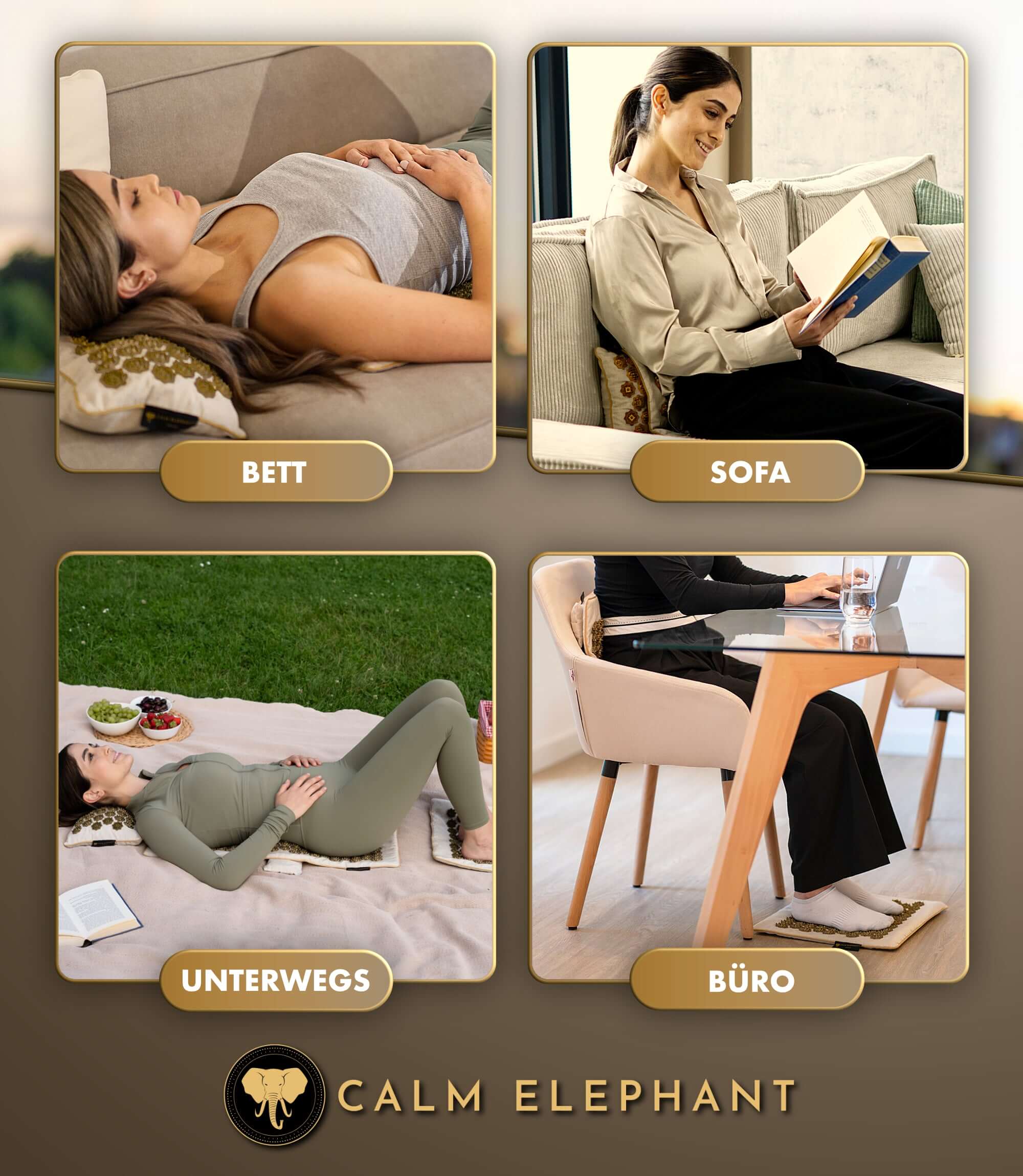 Akupressurmatte | GENUINE 5er Set - beige in verschiedenen Entspannungspositionen: Bett, Sofa, Unterwegs, Büro.