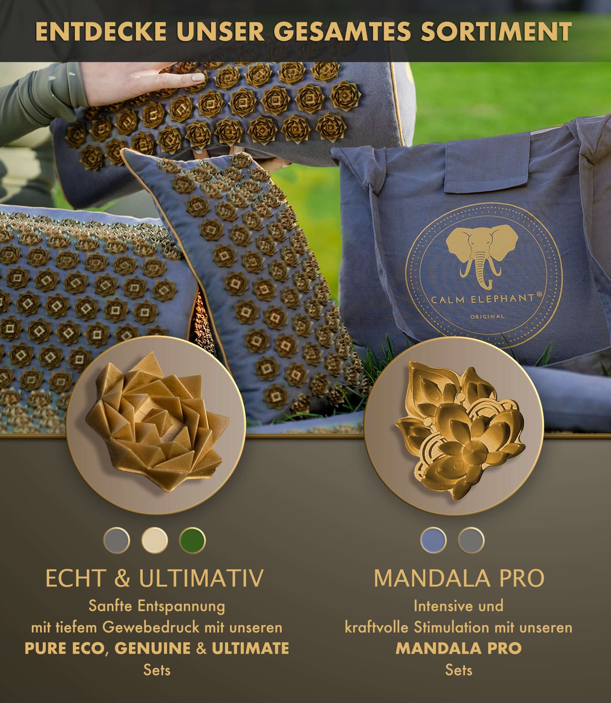 Akupressurkissen 2in1 - grün und verschiedene CALM ELEPHANT Kissen im Sortiment, ideal für Entspannung und Akupressur.