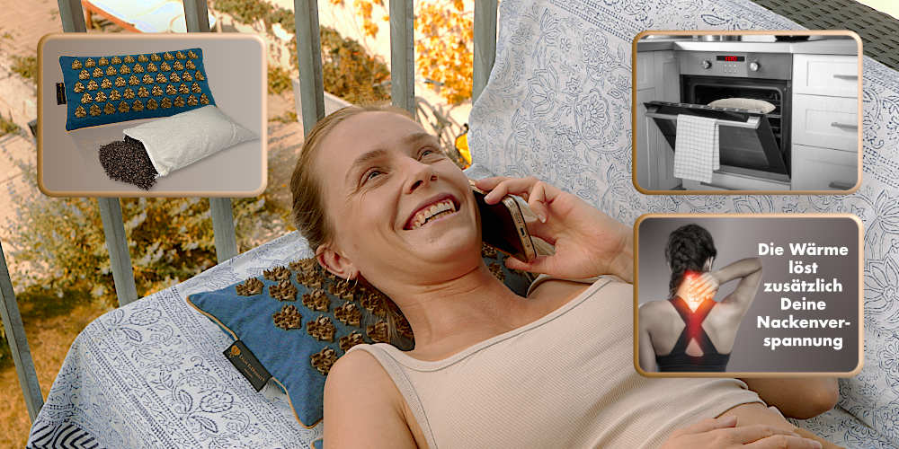 Das Kissen ist mit Buchweizenschalen gefüllt, die vor der Nutzung im Ofen erhitzt werden können